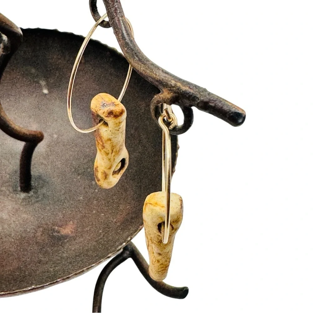 Boho Bone Drop Hoop Earrings Carved Organic Pendant Gold Tone